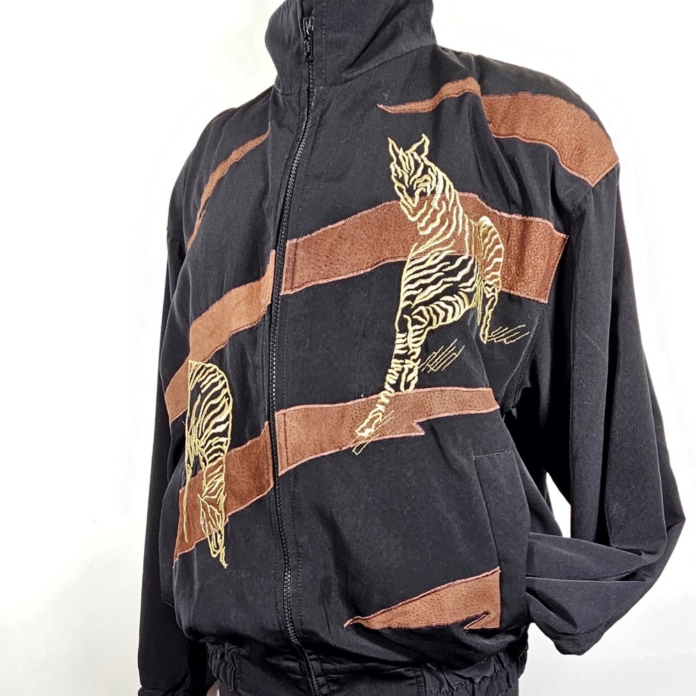 80s Whimsical Bomber Jacket embroidered Zebra Novelty Nylon & Suede mixed media